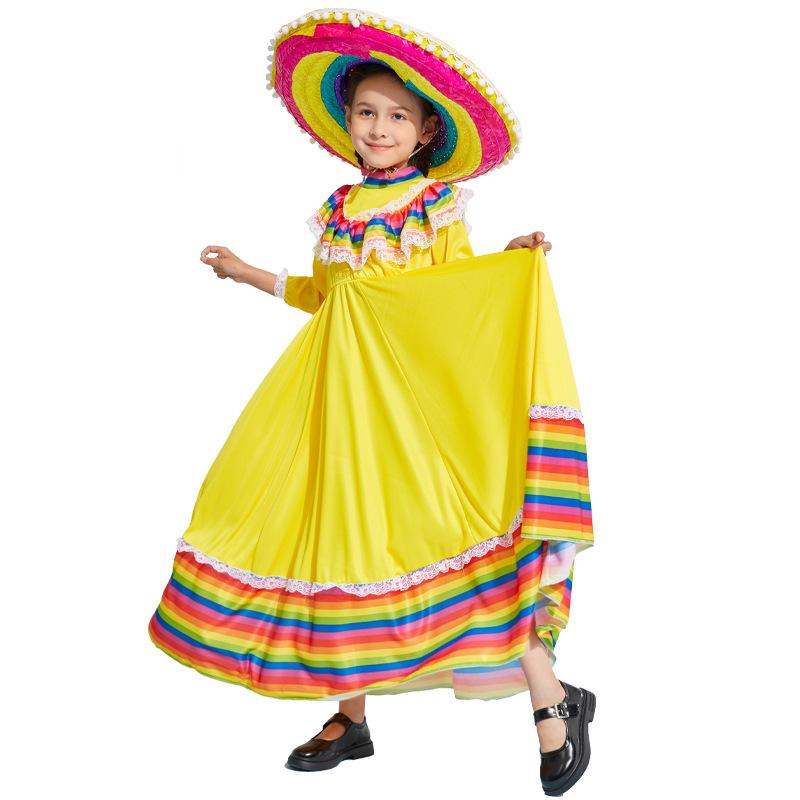

Stage Wear Halloween Gypsy Flamenco Dance Costume For Girl Traditional Mexican Dress Yellow Big Circle Long Skirt Hat Day Of CarnivalStage