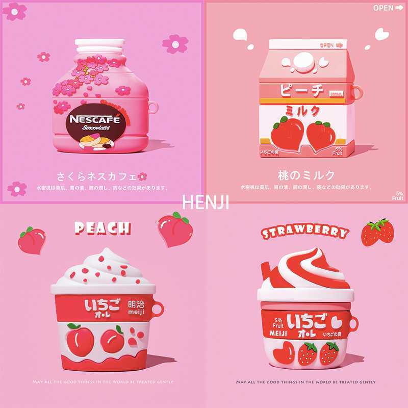Cas d'écouteurs 3D pour AirPods 1 2 3 Case Mignonne bouteille Lait de fraise pour Apple Airpods Pro Protéger la couverture pour Earpods Écouteurs