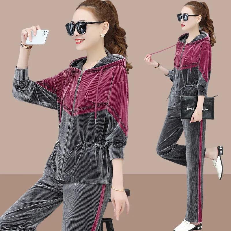 

Women's Two Piece Pants Contrast Color Spliced Velvet Tracksuit Women Plus Size Casual 2 Set 2022 Fall Hooded Zip Up Jacket And Sweatpant Su, Red and grey