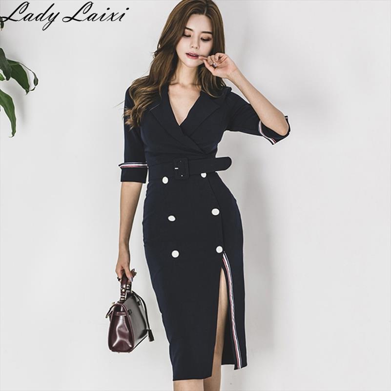 

Autumn Office Split Pencil Women Dress Double Breasted Sheath Notched Collar Formal Bodycon Work With Sashes, Blue
