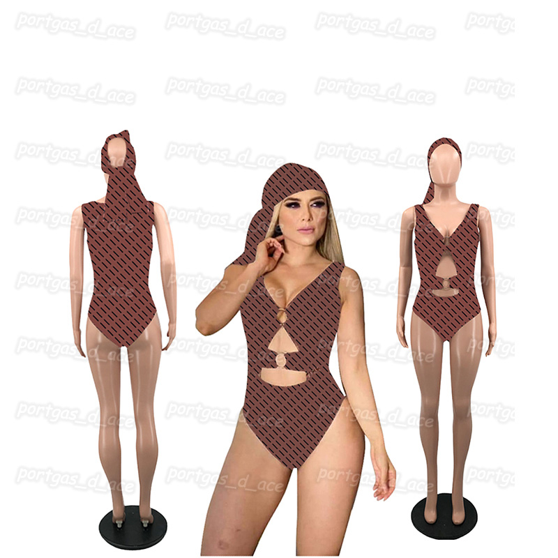 

Letters Printed Womens Swimsuits Sexy Hollow One Piece Swimwear with Headband Fashion Summer Plus Size Beach Bathing Suit, Brown