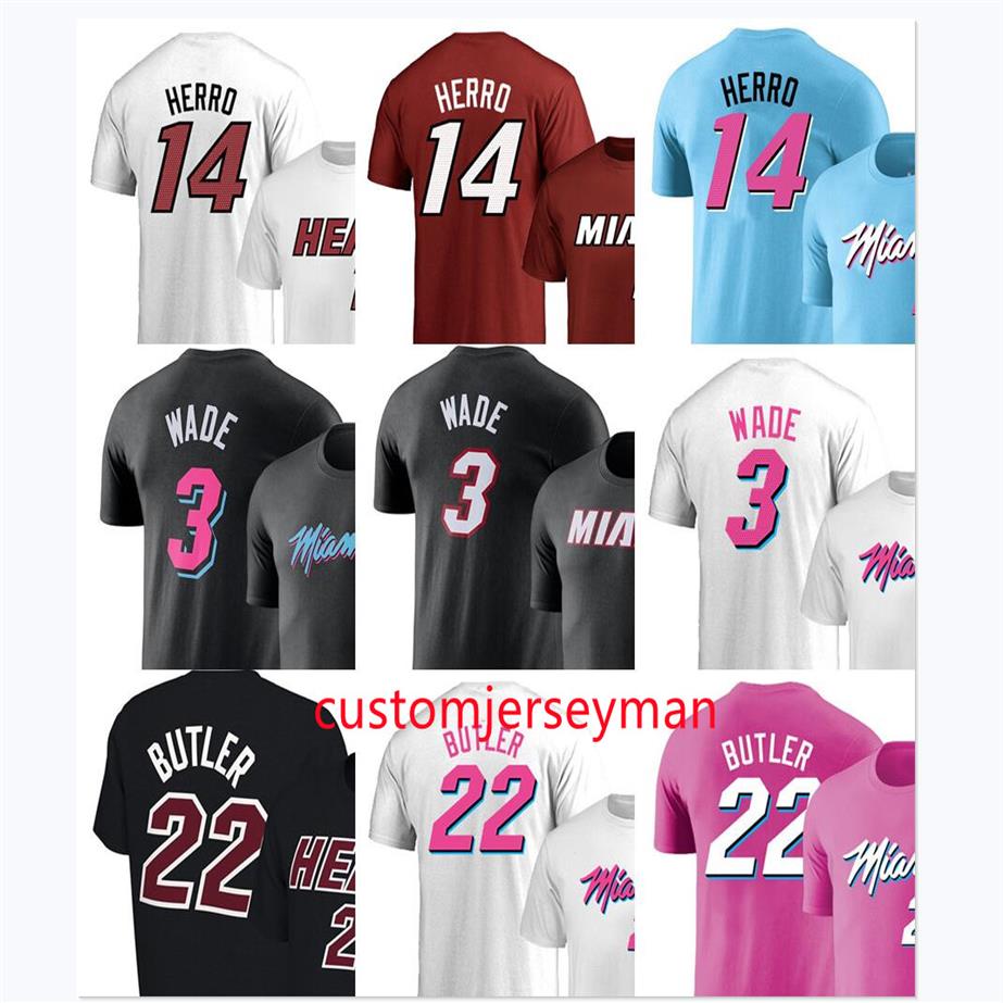 

basketball player tee miami#3 wade t-shirts Fans Tops&Tees #22 butler Short Sleeves herro tshirts white blue pink print cotton men282t, Purple
