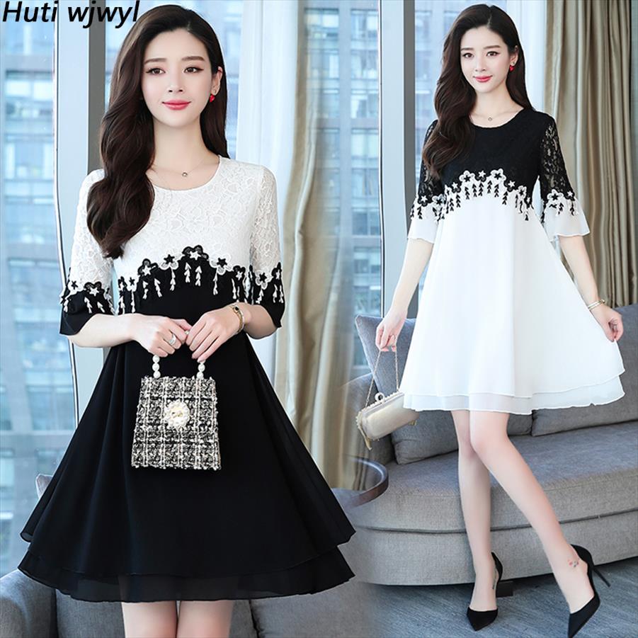 

Vintage Black White Lace Dresses Spring Summer Solid Chiffon Casual Sexy Mini Sundress Women Bodycon Elegant Party Vestidos, Colour 1