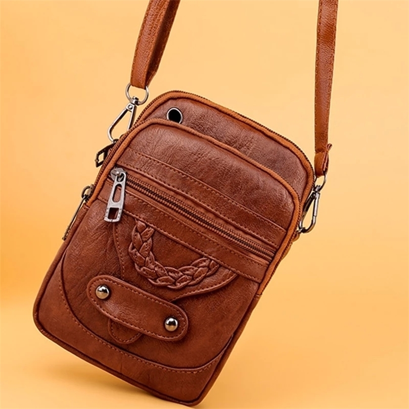 

Retro Women's Handbag Soft Leather Shoulder Messenger Bag Cellphone Crossbody Multifunction Square Shopping Purse Bolsa 220322, Brown