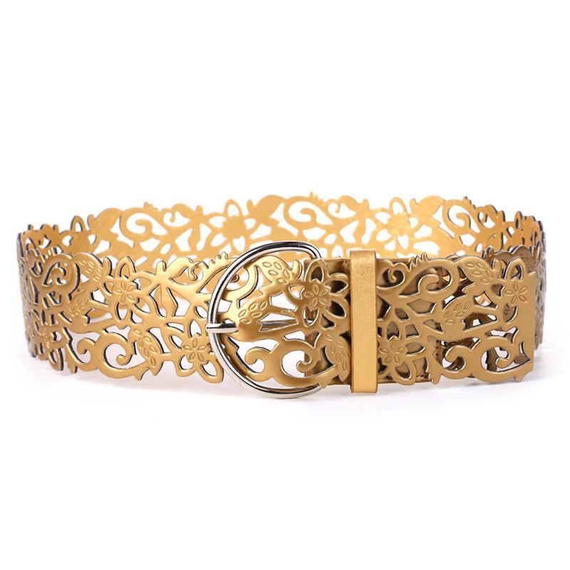 

Belts Jeans Hollow Women Leather Casual PU Flower Belt Elastic Waist Fashion Design Style Golden Color, White