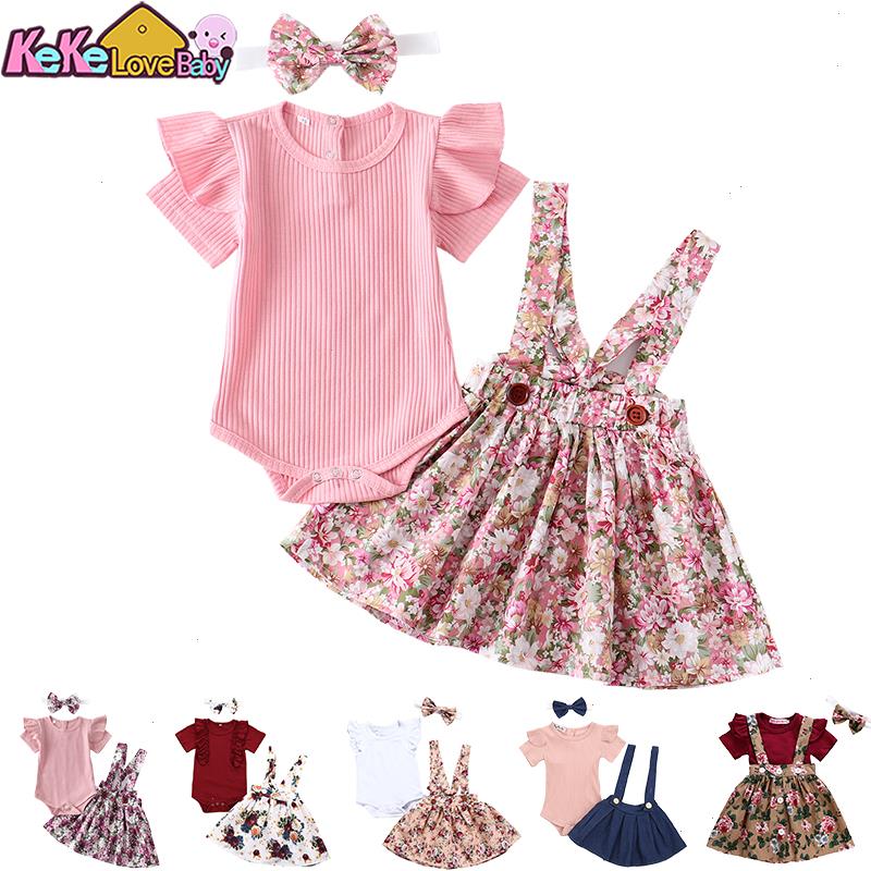 

3pcs Baby Girl Clothes Set Summer Newborn Infant Solid Color Romper Ruffle Floral Dress Overalls Outfit For Toddler Clothing, Blue