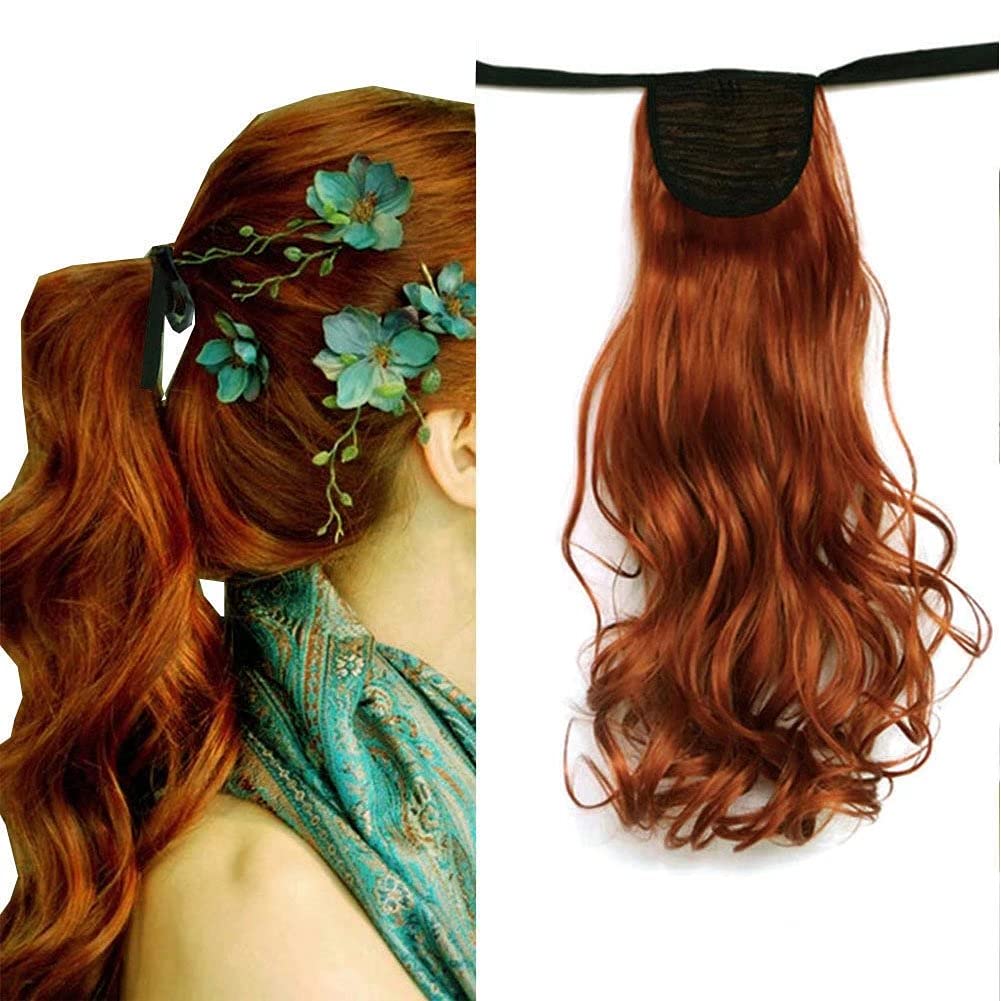 

Ginger ribbon Wrap Around Ponytail Hair Extension 120g Human Hairpiece #119 Copper Red Fashion Wavy Tie Up Clip in Pony Tail Hair Pieces DIVA2