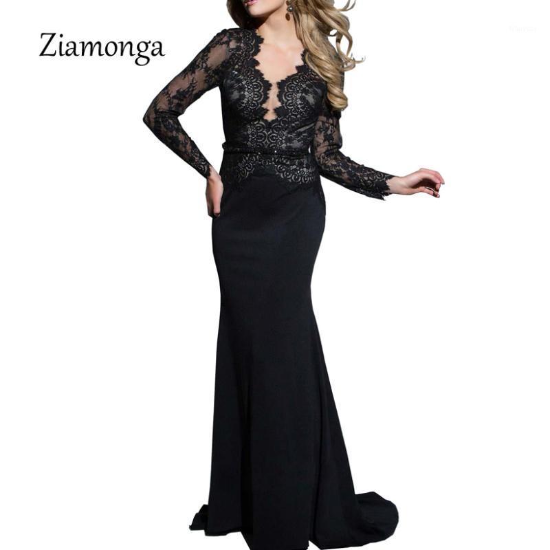 

Casual Dresses Ziamonga Sexy Vestidos Floral Lace Maxi Women Elegant Evening Party Gown Long Dress Floor Length Mermaid Formal, Black