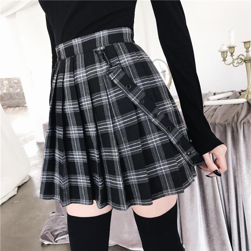 

Imily Bela Gothic Vintage Plaid Mini Skirt Women Suspender Strap Pleated Aline Skirts High Waist Casual Plus Size Faldas Y200326, Brown