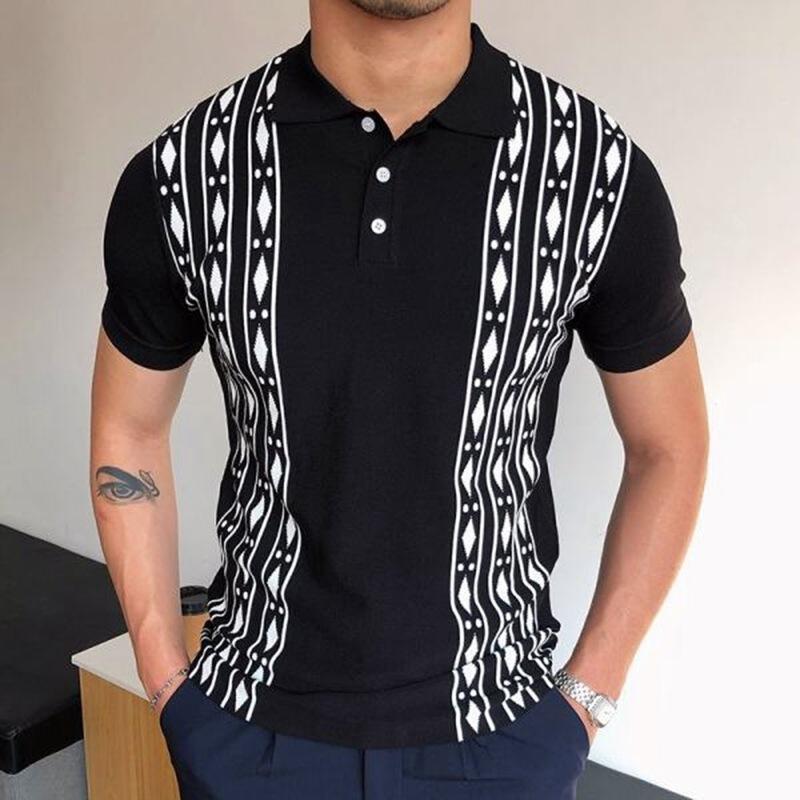 

Men' T-Shirts Men Clothing 2022 Spring/Summer Jacquard Knit Lapel Short Sleeve Slim T-shirt, Black