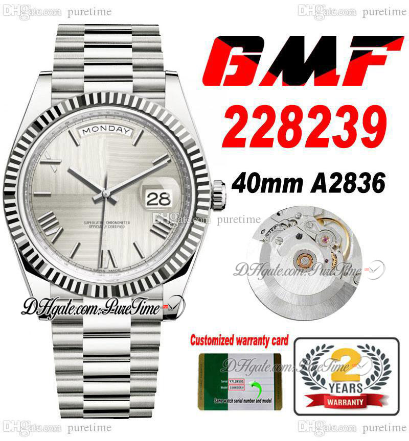 

GMF 40 Date 228239 ETA A2836 Automatic Mens Watch Fluted Bezel Silver Roman Dial 904L Steel Case And President Bracelet Watches Super Edition Puretime B2, Customize