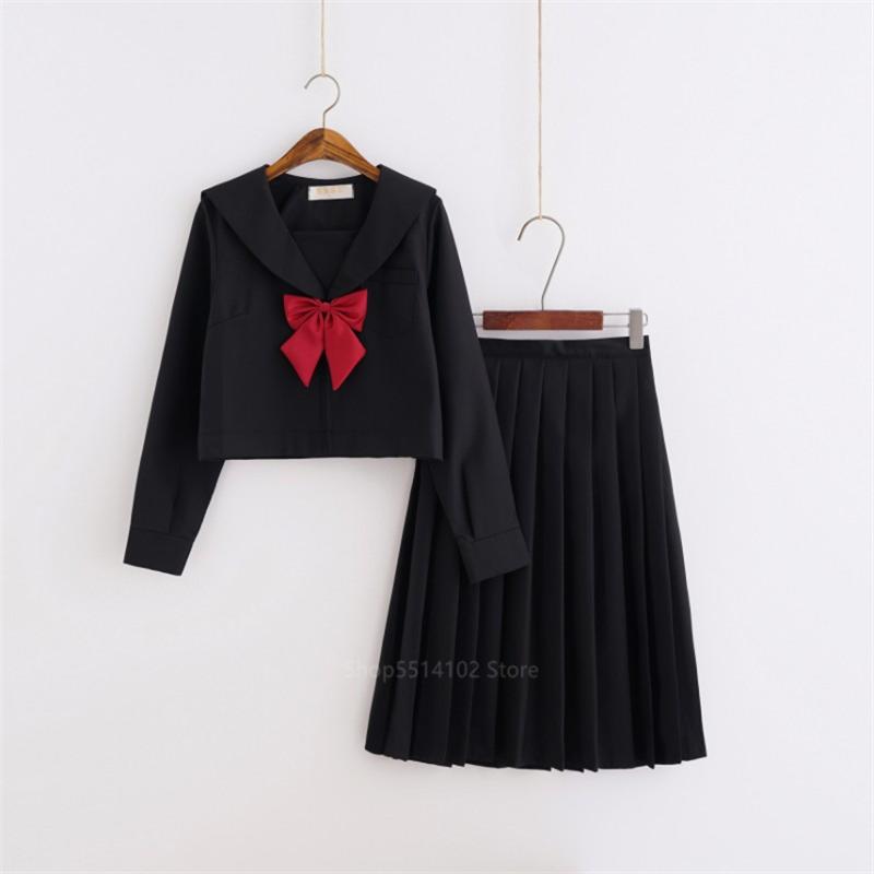 

Clothing Sets Japanese School Uniform Kansai Bad Black Suit For Students JK Kawaii Sailor Collar Bow High Top Long Pleated Skirt SetClothing, Set1