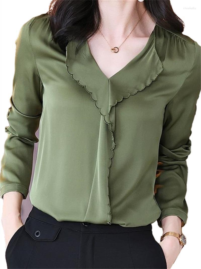 

Women' Blouses & Shirts Women Spring Summer Lady Fashion Casual Long Sleeve V-Neck Collar Ruffles Olive Green Blusas Tops WY0616Women' Che