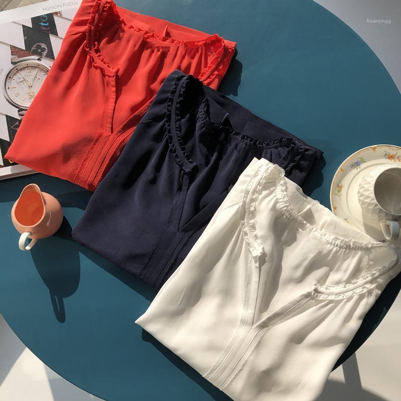 

Silk Lace Collar Women Blouse Ladies Office Work Three Quarter Sleeve White Shirts And Tops Female Women' Blouses, C white