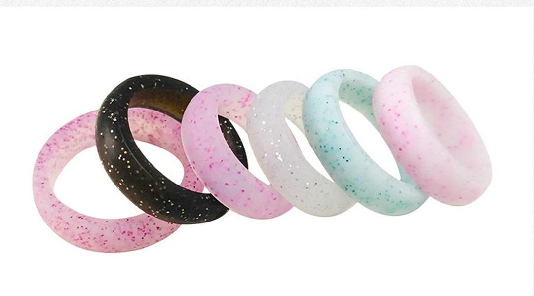 

Women Jewelry Silicone Wedding Rings 5.5mm Glitter Silicone Rubber Flexible Ring Band Mixed Color Size Wedding Sports Enthusiast