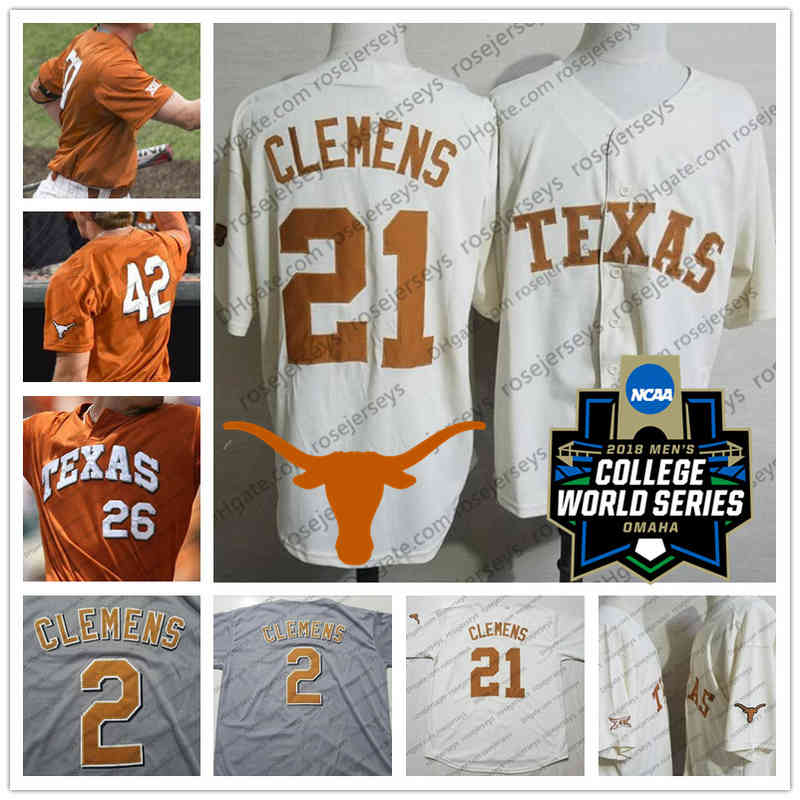 NCAA Texas Longhorns #21 Roger Clemens 7 Masen Hibbele 27 Blair Henley 52 Zach Zubia Cream White Orange Gray Retired Vintage Baseball Jersey
