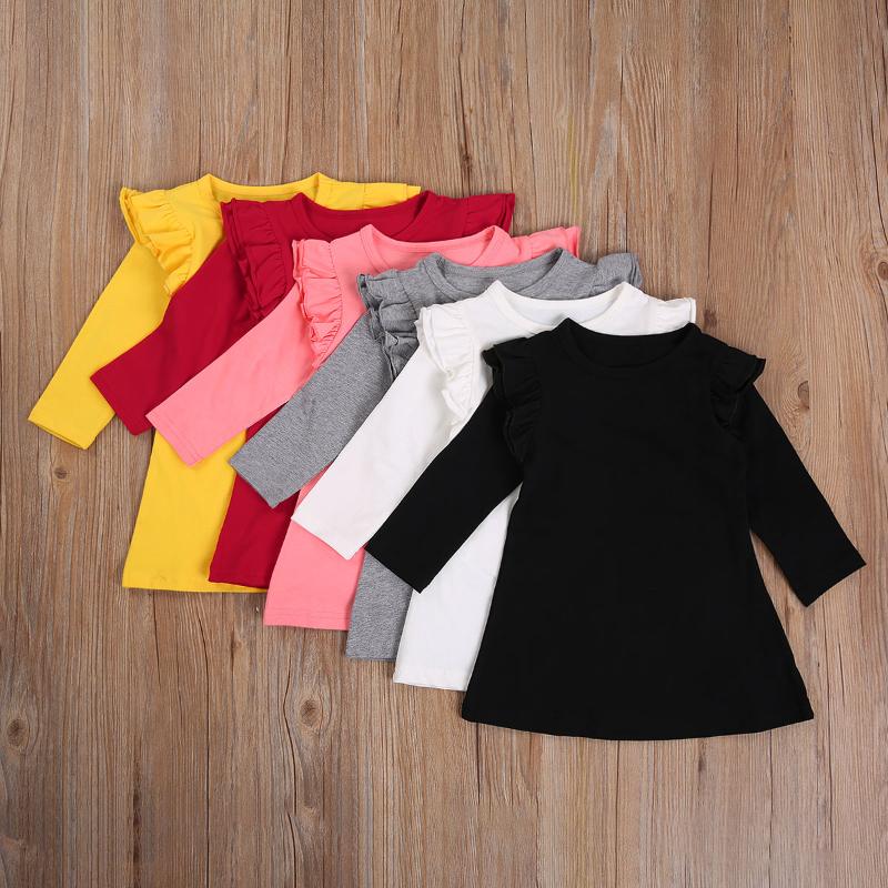 

Girl's Dresses 2-7Years Baby Girl Solid One-Piece Dress Long Sleeve Ruffled Shoulder And Round Neck Simple Elegant DressGirl's, Black