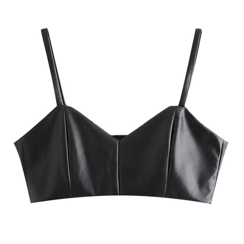 

TRAF Women Sexy Fashion Faux Leather Cropped Tank Top Vintage V Neck Side Zipper Wide Straps Female Camis Chic Tops 220407, As picture