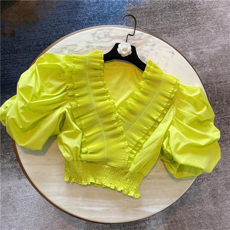 

Women's Blouses & Shirts Women's Blouse 2022 Summer Ruffles V-neck Elastic Waist Short Puff Sleeve Chiffon Shirt Ladies Crop Top Blusa F, Black