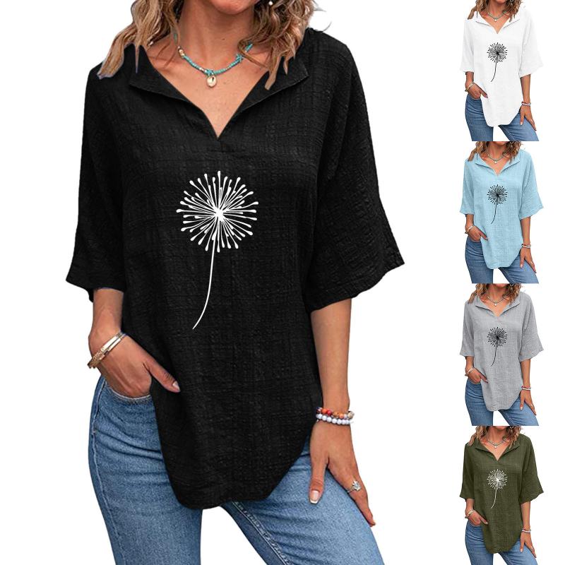 

Women' T-Shirt Striped Short Sleeve Tee Womens Dandelion Printing V Neck Shirts Cotton Linen Blouse Summer ShirtWomen, Black