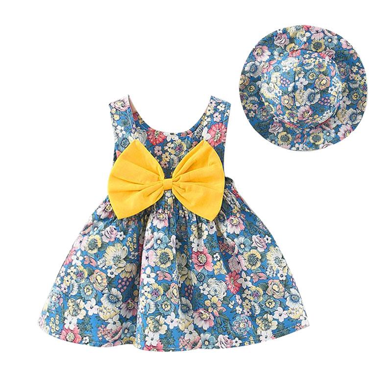 

Girl's Dresses 2Piece Summer Born Baby Girl Clothes Infant Fashion Cute Bow Beach Flowers Princess Dress Sunhat Kids Clothing BC008Girl's