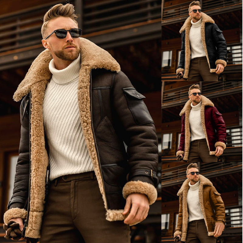 

Men' Jackets Autumn And Winter Fur Coat Thickened Jacket Men Outerwear 2022 Zipper Closure Lamb Faux Bomber, Khaki