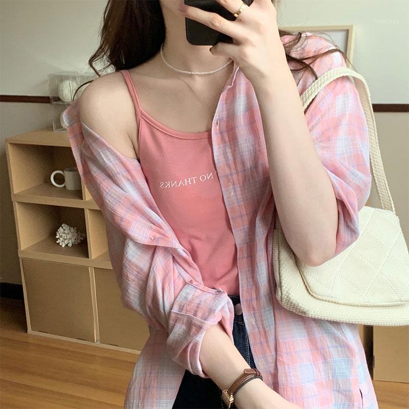

Women's Blouses & Shirts 3Colors 2pcs Set 2022 Summer Shirt Korean Style Plaid Long Sleeve Womens Sun Protection Loose Tops +tank Top(X2056), Green