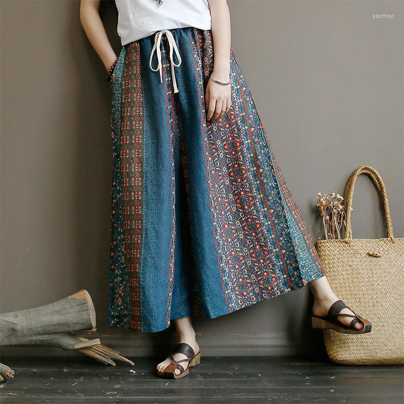 

Women's Pants & Capris Vintage Print Hit Color Elastic Mid Waist Loose Women Pockets Trousers 2022 Spring Autumn Ramie Full Length Wide Leg, Multi