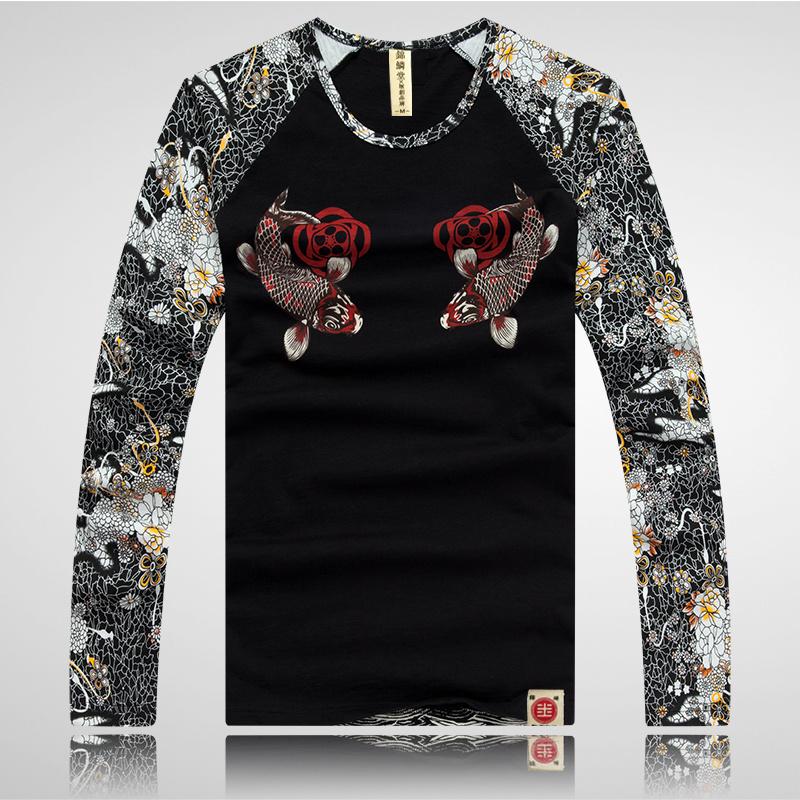 

Men's T-Shirts Tattoo Japanese Flower Arm Printing Cotton Long-Sleeved T Shirt Men's Slim Fitted Cherry Carp Pattern Tops Tee ShirtsMen', Black
