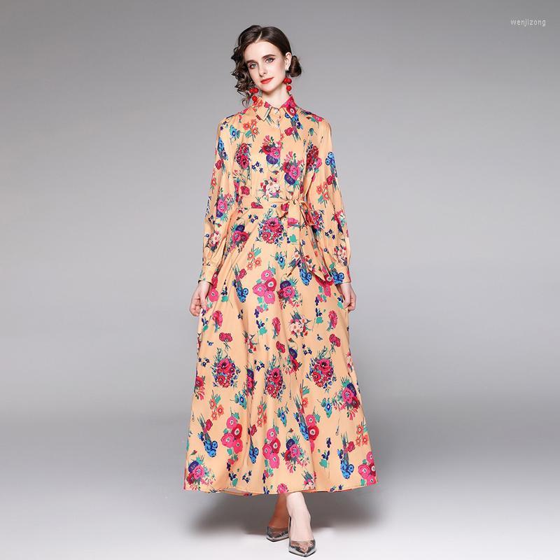 

Casual Dresses 2022 Fall Fashion Designer Runway Beach Long Shirt Dress Vintage Multicolor Floral Print Turn Down Neck Elgant Party Maxi, Orange