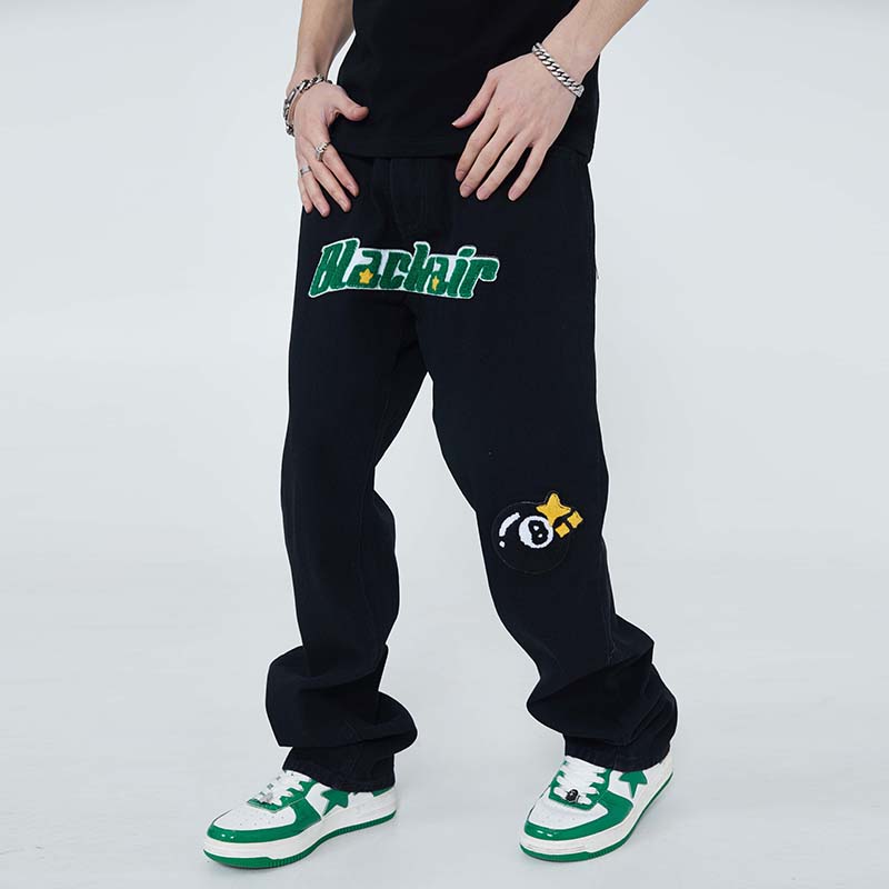 

Front Letter Embroidery Spliced Mens Denim Pants Straight Ripped Frayed Casual Jeans, Blue