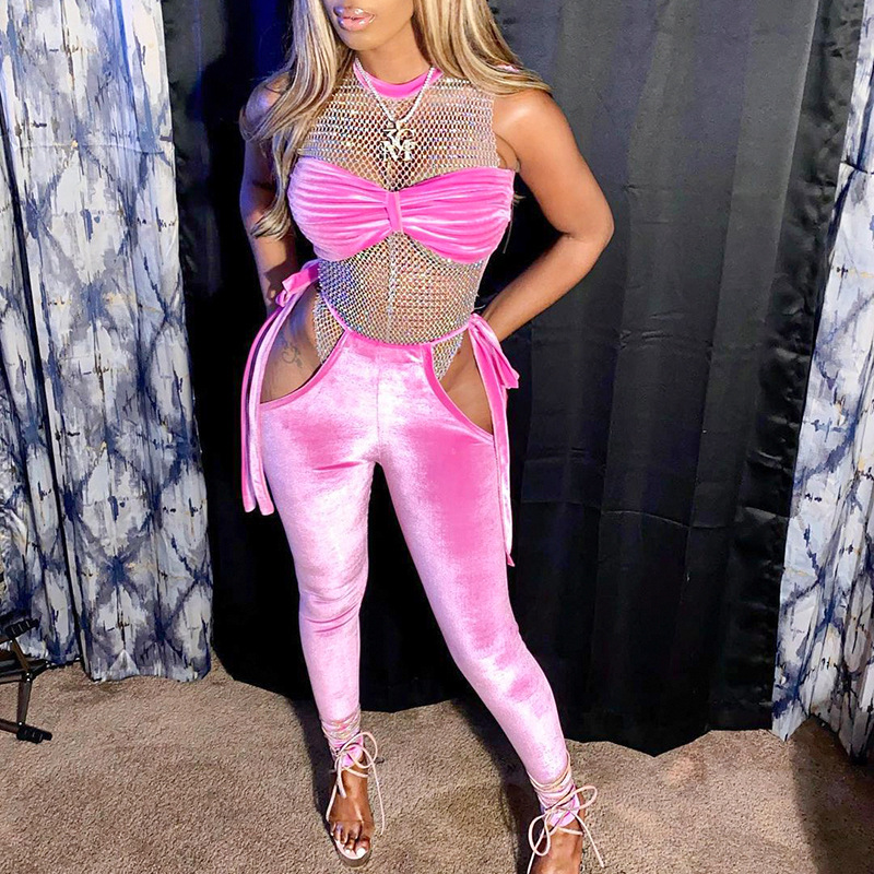 Women&#039;s Two Piece Pants Women Casual solid color blouse cutout lace-up pantsuit velvet two-piece set for women-image-790747713