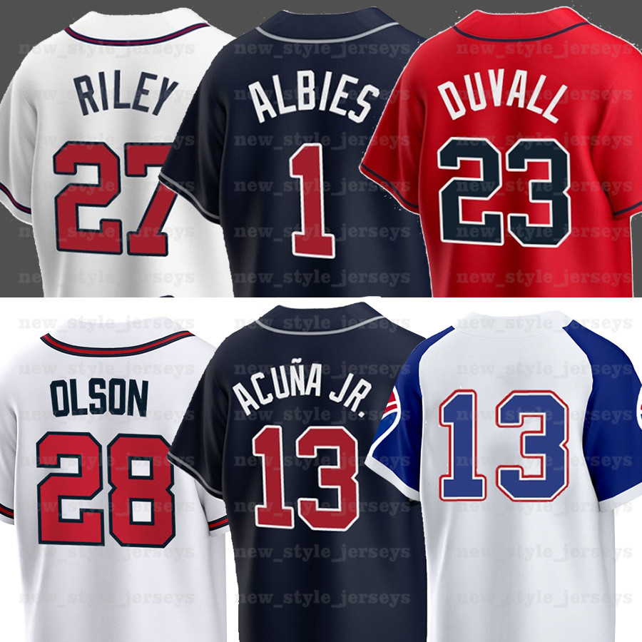 

28 Matt Olson Baseball Jerseys 3 Ronald Acuna Jr. Ozzie Albies Dansby Swanson Orlando Arcia Guillermo Heredia Marcell Ozuna Austin Riley Max Fried z2, Men(yong shi)