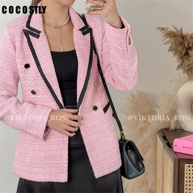 

Autumn Women Fashion Pink Tweed Blazer Coat Long Sleeve Double Breasted Female Office Lady Jacket Outerwear Chic Tops trf 220402, Color1