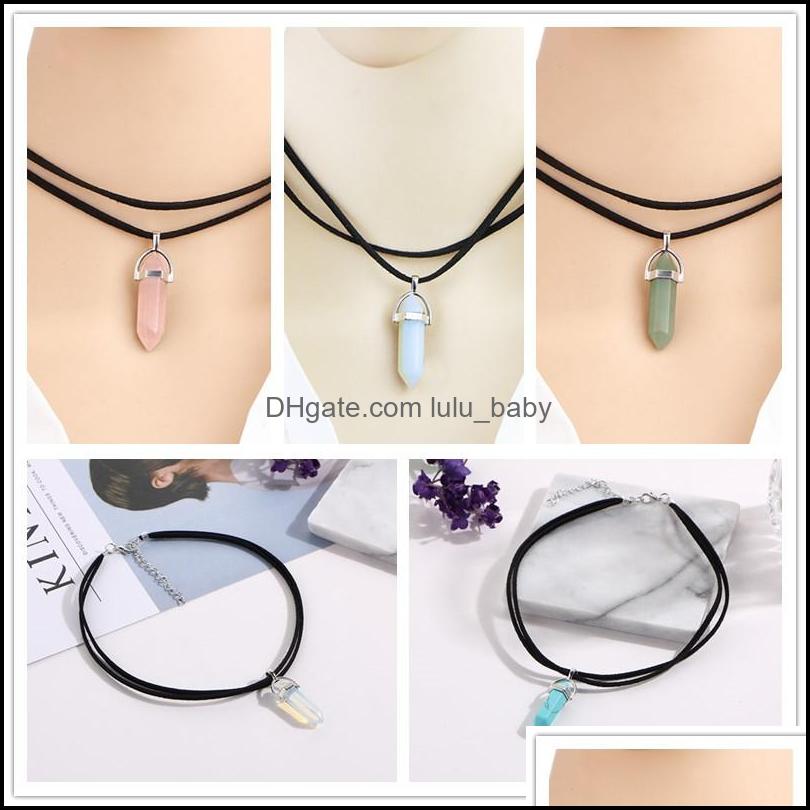 

Pendant Necklaces Pendants Jewelry Natural Crystal Chakra Pendum For Women Rose Quartz Opal Hexagonal Stone Leather Choker Chain Statement