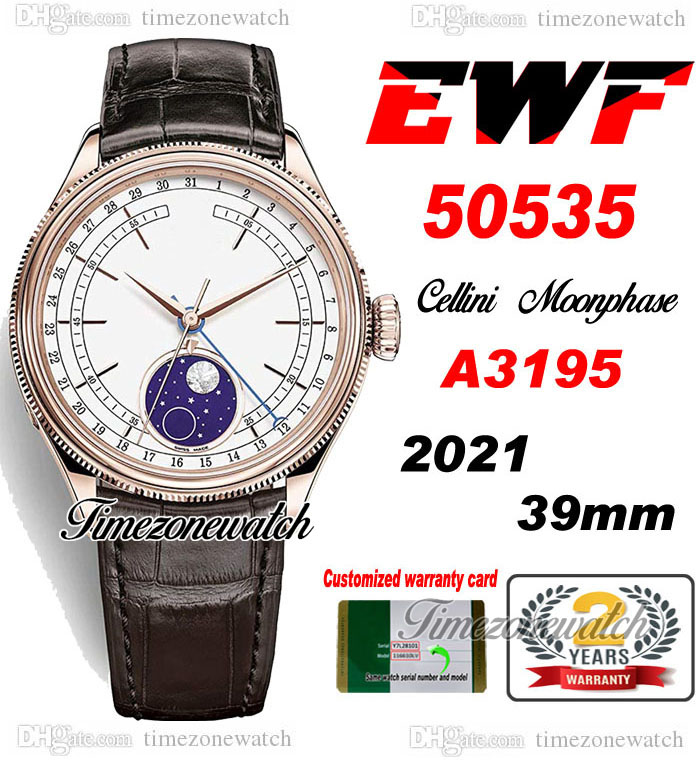

EWF Cellini Moonphase 50535 A3195 Automatic Mens Watch Rose Gold White Dial Real Meteorite Brown Leather Super Edition Same Series Warranty Card Timezonewatch B2, Custom warranty card