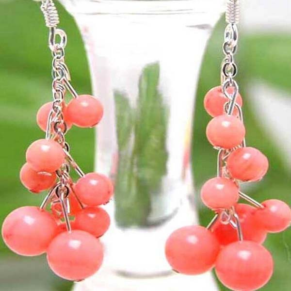 

4-6mm Round Natural Pink Coral Earring for Women 2" Grape Hook Dangle Earring