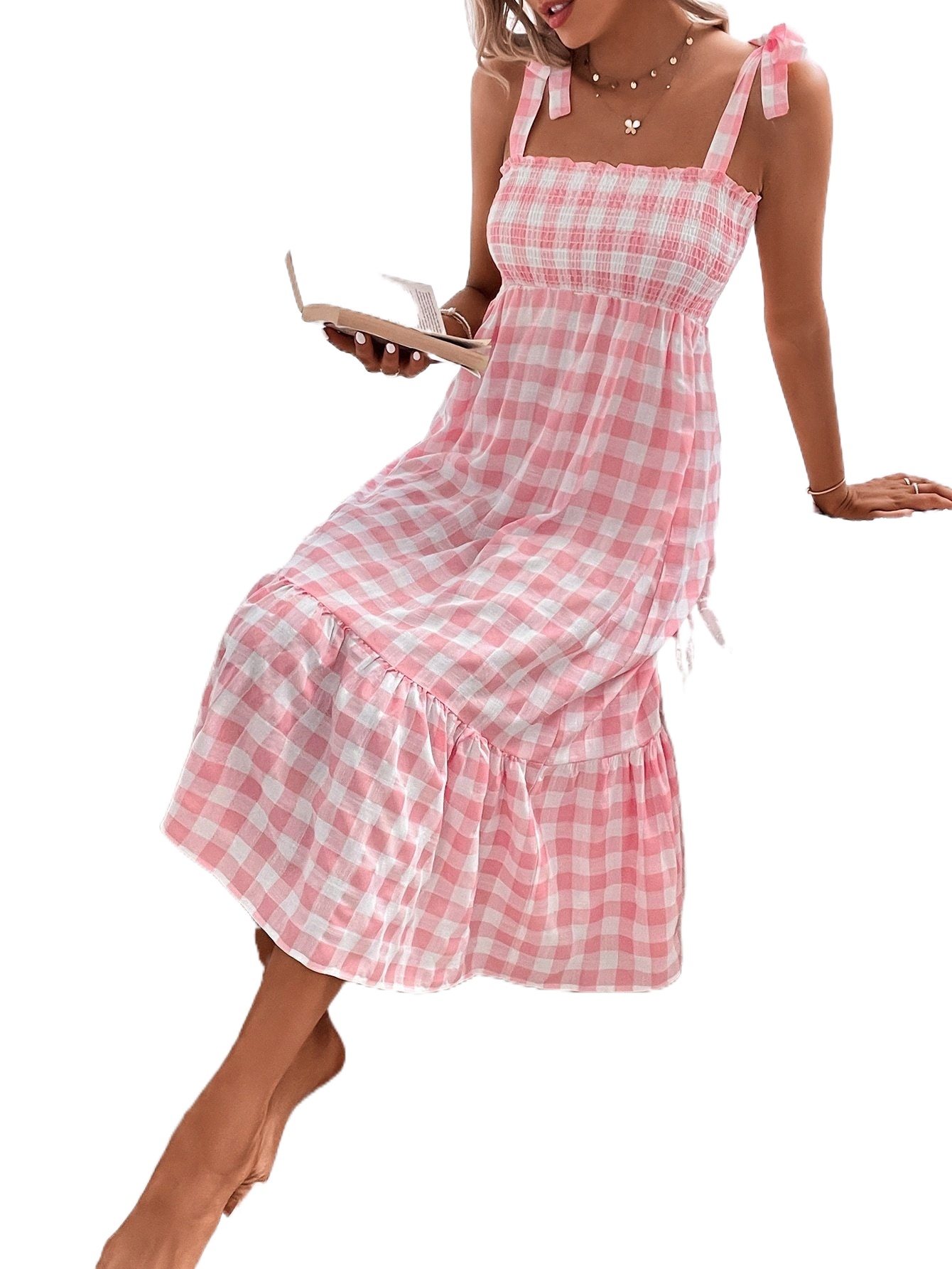 

gingham Shirred Tie Shoulder Ruffle Hem Cami Dress w6GI#, Pink