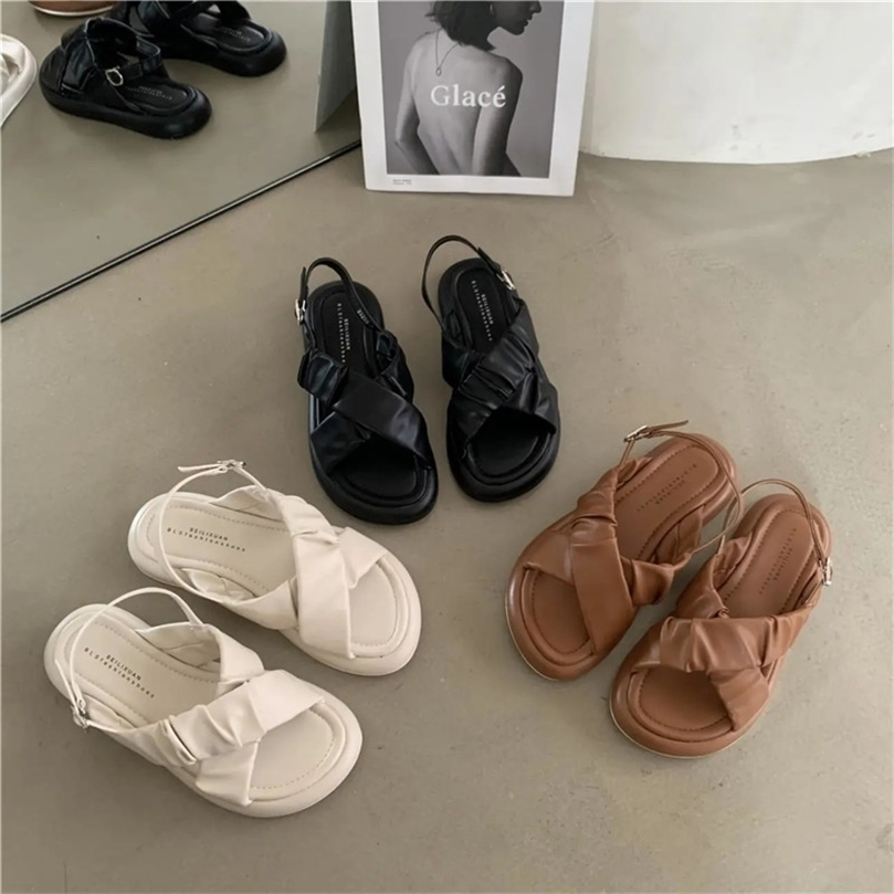 

Ladies Retro Brown Sandals Summer Rome Outdoor Beach Platform Shoes Women Gladiator Buckle Comfort Leather Flats Black White 220616