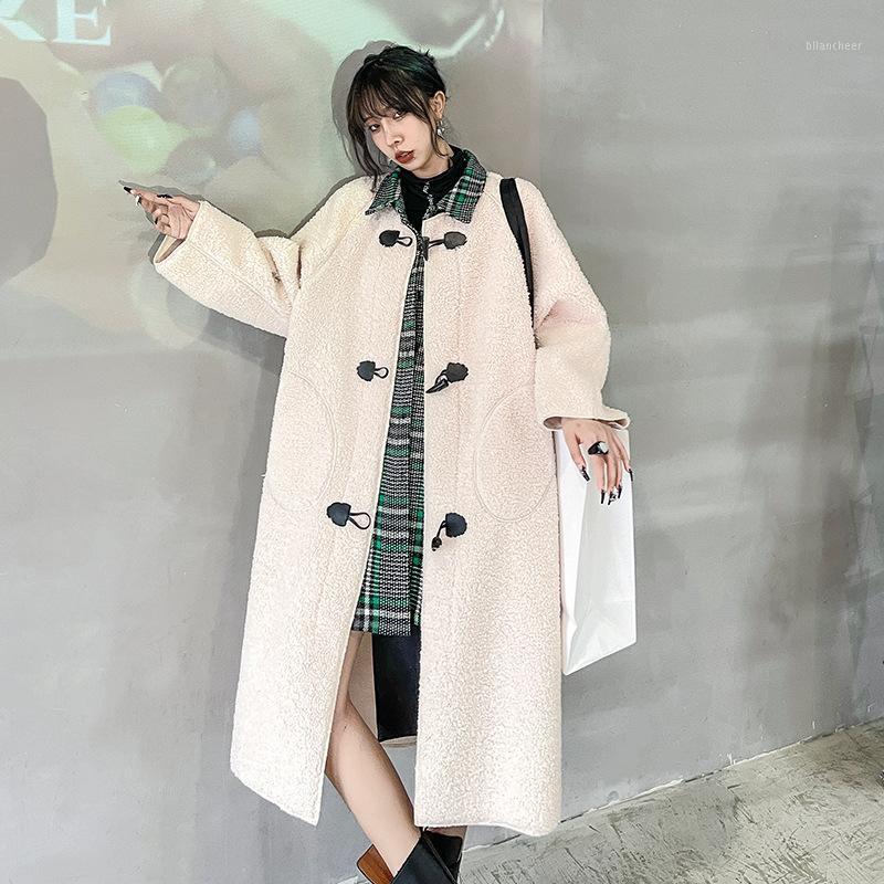

Women's Wool & Blends Ladies Lamb Coat Winter Thickened Chic Retro Harajuku High Street Casual Loose Mid-Length Lapel Horn Button, Beige