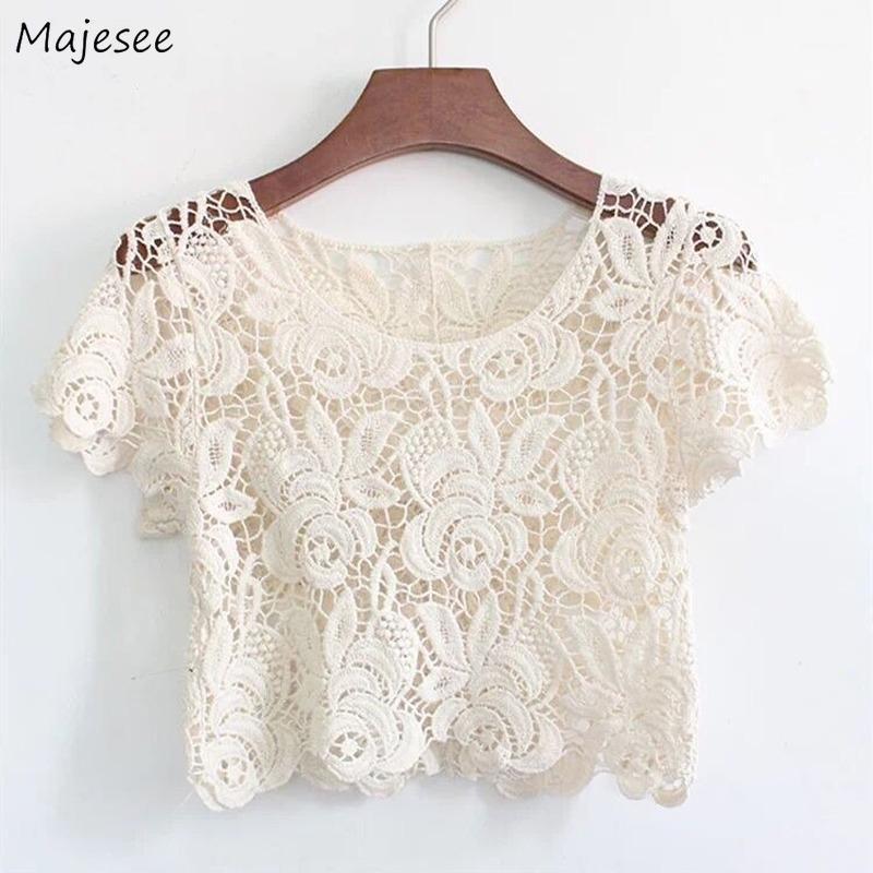 

Women's Blouses & Shirts Women Hollow Out Cropped All-match Summer Elegant Lady O-neck Short Sleeve Sun-proof Clothing Leisure Female Tops C, Apricot 4