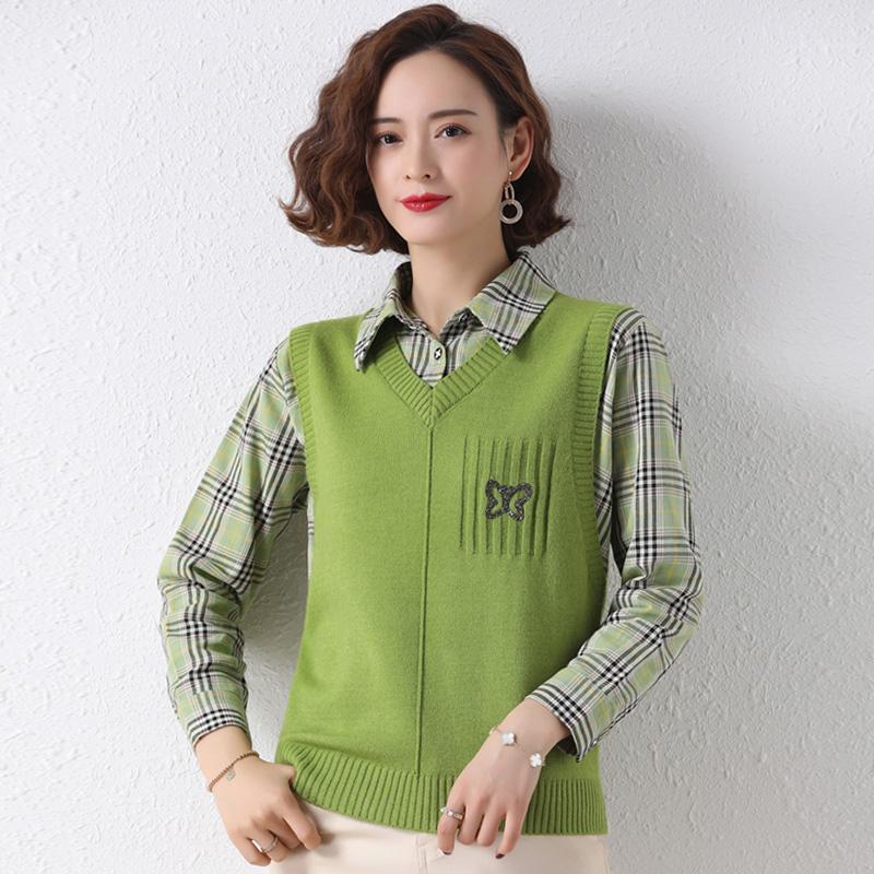 

Women' Sweaters Women Knit Tops Autumn 2022 Casual Fashion Plaid Shirt Collar Patchwork Sweater Vest Fake Two Basic Knitted Pullovers, Red
