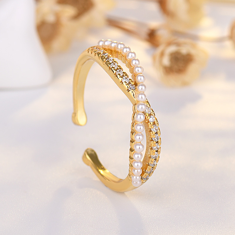 

2022 New 18K Gold Band Rings for Women Fashion Luxury Pearl Shining Crystal Stone Open Ajustable Ring Jewelry Gift