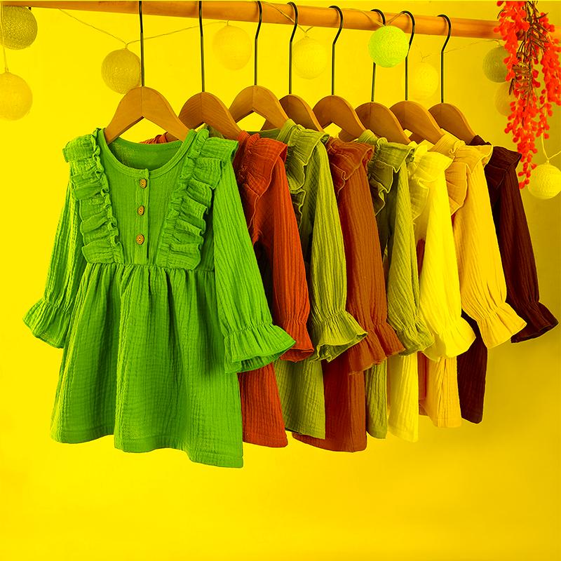 

Girl's Dresses Toddler Kids Baby Girl Autumn Dress Ruffles Long Sleeve Solid Cotton Linen Party Casual ClothesGirl's, Lake blue