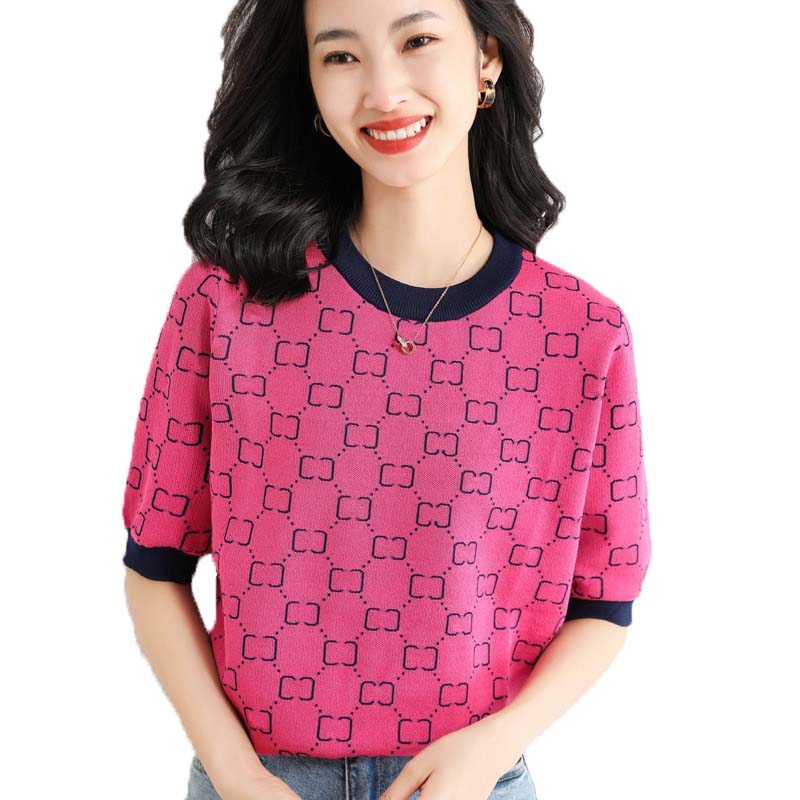 

Designer High quality retro Womens Womens T-Shirt Tops Sweaters Knits letter G Jacquard Knit Short-Sleeved Fashion Temperament Knitted Sweater Top Women clothing, Sky blue