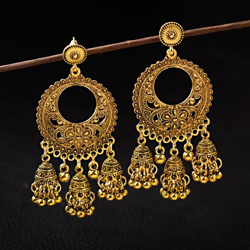 

Dangle & Chandelier Ethnic Flower Tassel Jhumka Earrings For Women Boho Vintage Hollow Bollywood Oxidized Bell Alloy EarringsDangle Chandeli