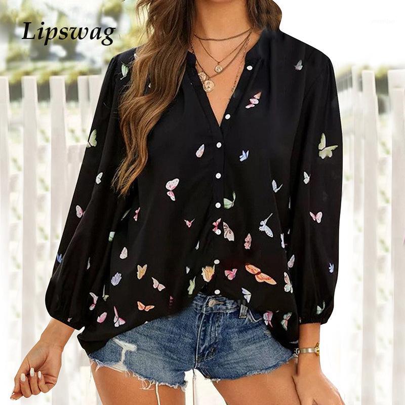 

Elegant Butterfly Print V-neck Shirts Office Ladies Long Sleeve Button Blouses Vintage Women Spring Loose Tops Female Casual 3XL Women, Blue
