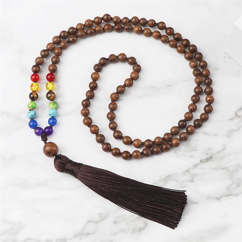 

Pendant Necklaces Chakra Wooden Bead Necklace Mala 6mm 108 Beads Rosary Meditation Elastic Handmade Jewelry With Tassel GiftsPendant
