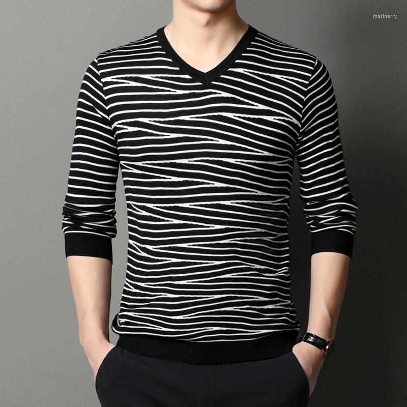 

Men's Sweaters Autumn Fashion Thin Knitted Bottoming Shirt Men's Young And Middle-Aged Long Sleeve V-neck Striped Loose PulloverMen's Ma, Black