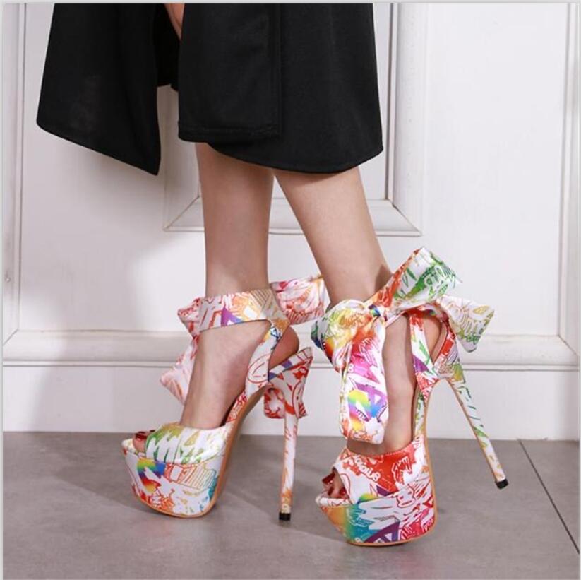 

2022 New women high heel 16cm pee sandals girls casual summer flower lace printing thin heels fish platform sandal shoe lady dinner nigh club sexy pumps No box #H31, Only box no ship